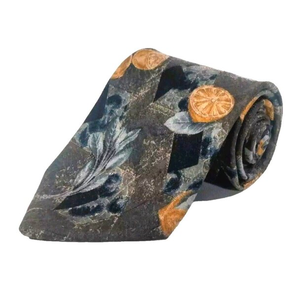 Ermenegildo Zegna Silk Neck Tie Meyer  Lemons Leaves Floral Black Gray Y… - Picture 2 of 6